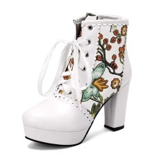 Round Toe Block Heels Printed Platforms Lace Up Flowers Ankle Highs Boots - White Green Faux Leather