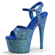 Peep Toe Shiny Stiletto Heels Sequin Bling Ankle Buckle Straps Platforms Pumps - Blue
