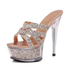 Peep Toe Stiletto Heels Crystal Glitters Transparent Platforms Sandals - Gold Sequined Cloth
