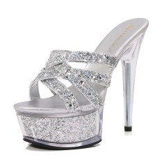 Peep Toe Stiletto Heels Crystal Glitters Transparent Platforms Sandals - Silver Sequined Cloth