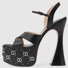Peep Toe Cross Straps Platforms Rhinestones Ankle Buckle Straps Chunky Heels Sandals - Black