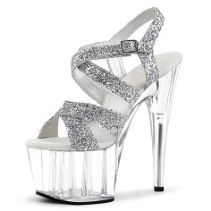 Peep Toe Stiletto Heels Patent Ankle Buckle Cross Straps Platforms Pumps - Silver
