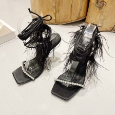 Peep Toe  Feather and Rhinestones Decorated Ankle Gladiator Straps Pointed Transparent Heels Sandals - Black Satin