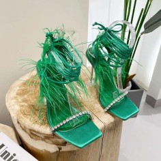 Peep Toe  Feather and Rhinestones Decorated Ankle Gladiator Straps Pointed Transparent Heels Sandals - Green Satin