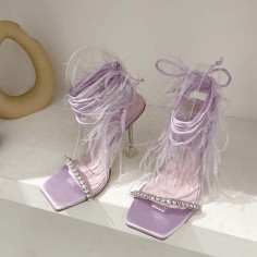 Peep Toe  Feather and Rhinestones Decorated Ankle Gladiator Straps Pointed Transparent Heels Sandals - Purple Satin