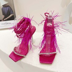 Peep Toe  Feather and Rhinestones Decorated Ankle Gladiator Straps Pointed Transparent Heels Sandals - Rose Satin