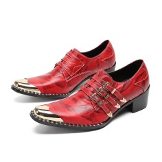 Metal Pointed Toe Leather Slip On Chunky Heels Three Belt Buckles Vintage Chelsea Loafers - Red
