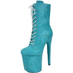 Round Toe Stiletto Heels Crocodile Pattern Lace Up Platforms Ankle Highs Boots - Light Blue