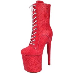 Round Toe Stiletto Heels Crocodile Pattern Lace Up Platforms Ankle Highs Boots - Red