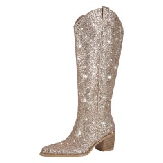 Pointed Toe Chunky Heels Concise Side Zipper Glitters Knee Highs Boots - Gold