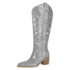 Pointed Toe Chunky Heels Concise Side Zipper Glitters Knee Highs Boots - Silver