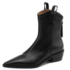 Pointed Toe Chunky Heels Ankle High Vintage Motorcycle Zipper Booties - Black