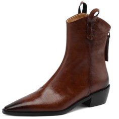 Pointed Toe Chunky Heels Ankle High Vintage Motorcycle Zipper Booties - Brown