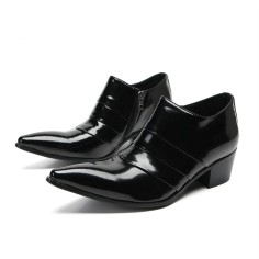 Square Toe Patent Leather Side Zipper Rustic Chunky Heels Chelsea Loafers - Black