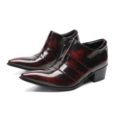 Square Toe Patent Leather Side Zipper Rustic Chunky Heels Chelsea Loafers - Burgundy