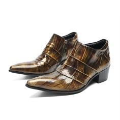 Square Toe Patent Leather Side Zipper Rustic Chunky Heels Chelsea Loafers - Yellow