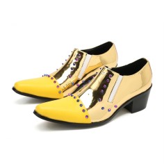 Pointed Toe Patent Leather Slip On Chunky Heels Punk Style Chelsea Loafers - Yellow