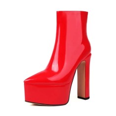 Pointed Toe Platforms Chunky Heels Ankle Highs Booties - Red Patent
