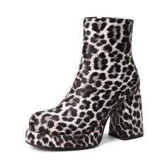 Round Toe Platforms Chunky Heels Leopard Pattern Ankle Highs Boots - Black Patent