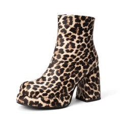 Round Toe Platforms Chunky Heels Leopard Pattern Ankle Highs Boots - Apricot Tan Patent