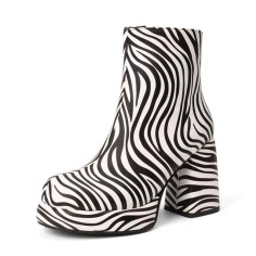 Round Toe Platforms Chunky Heels Zebra Pattern Ankle Highs Boots - White Tan Patent