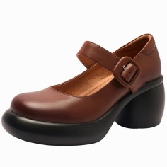 Round Toe Chunky Heels Mary Janes Buckle Straps Pumps - Brown