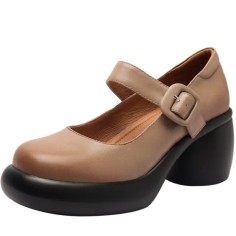 Round Toe Chunky Heels Mary Janes Buckle Straps Pumps - Tan