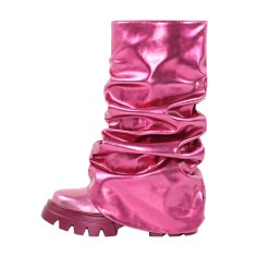 Round Toe Chunky Heels Ankle High Mid Calf Fold Over Boots - Fuchsia