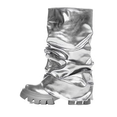 Round Toe Chunky Heels Ankle High Mid Calf Fold Over Boots - Silver
