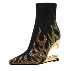 Pointed Toe Strange Leopard Teeth Heels Flame Rhinestones Beads Ankle Highs Booties - Gold