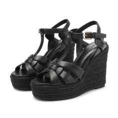 Peep Toe Hemb Rope Platforms Ankle Buckle T Straps Summer Wedges Sandals - Black Leather