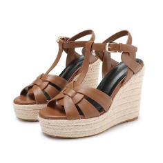 Peep Toe Hemb Rope Platforms Ankle Buckle T Straps Summer Wedges Sandals - Brown Leather