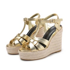 Peep Toe Hemb Rope Platforms Ankle Buckle T Straps Summer Wedges Sandals - Gold Leather