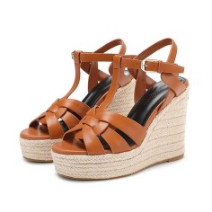 Peep Toe Hemb Rope Platforms Ankle Buckle T Straps Summer Wedges Sandals - Auburn Leather