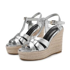 Peep Toe Hemb Rope Platforms Ankle Buckle T Straps Summer Wedges Sandals - Silver Leather