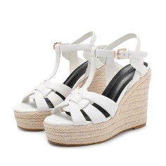 Peep Toe Hemb Rope Platforms Ankle Buckle T Straps Summer Wedges Sandals - White Leather