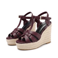 Peep Toe Hemb Rope Platforms Ankle Buckle T Straps Summer Wedges Sandals - Wine Leather
