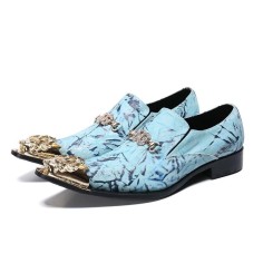 Pointed Metal Lion Toe Genuine Leather Chelsea Loafers - SkyBlue