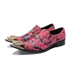 Pointed Metal Lion Toe Genuine Leather Chelsea Loafers - Red