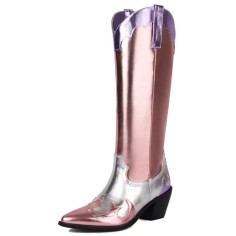 Pointed Toe Chunky Heels Knee High Western Cowboy Boots - Silver