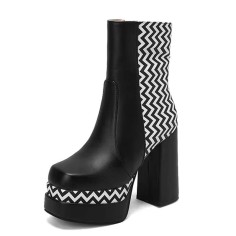 Square Toe Printed Stripe Ankle Highs Korean Style Chunky Heels Low Platforms Boots - Black Faux Leather