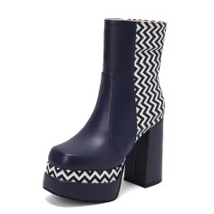 Square Toe Printed Stripe Ankle Highs Korean Style Chunky Heels Low Platforms Boots - Blue Faux Leather