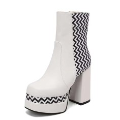 Square Toe Printed Stripe Ankle Highs Korean Style Chunky Heels Low Platforms Boots - White Faux Leather