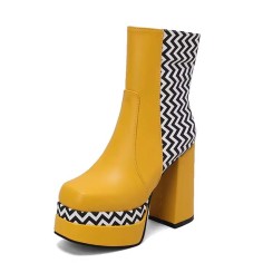 Square Toe Printed Stripe Ankle Highs Korean Style Chunky Heels Low Platforms Boots - Yellow Faux Leather