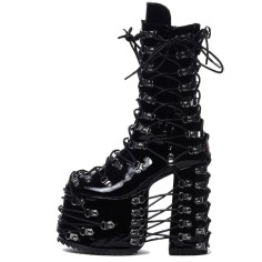 Round Toe Platforms Lace Up Chunky Heels Platforms Punk Gothic Side Zipper Boots - Black