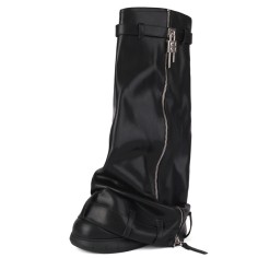 Round Toe Turned-over Edge Knee Highs Vegan Leather Platforms Wedges Party Boots - Black