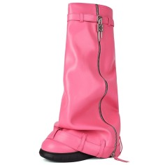 Round Toe Turned-over Edge Knee Highs Vegan Leather Platforms Wedges Party Boots - Pink