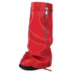 Round Toe Turned-over Edge Knee Highs Vegan Leather Platforms Wedges Party Boots - Red