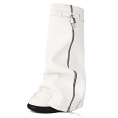 Round Toe Turned-over Edge Knee High Vegan Leather Platforms Wedges Party Boots - White