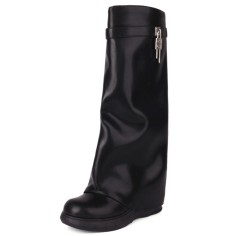 Round Toe Turned-over Edge Knee Highs Vegan Leather Platforms Wedges Boots - Black